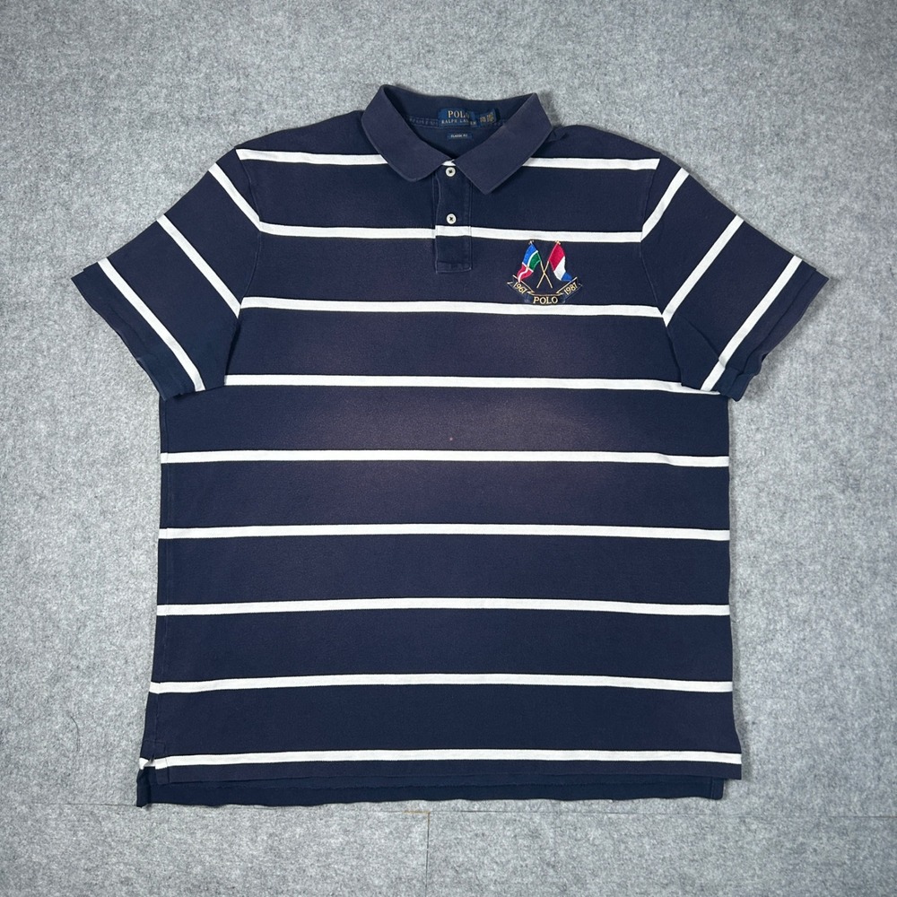 Polo Ralph Lauren polo‎ Shirt Mens XXL Blue Striped Classic Fit cross flags 1967